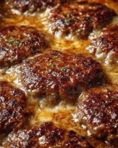 Amish Hamburger Steak Bake freshly served on a rustic wooden table