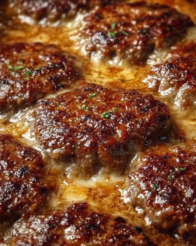 Amish Hamburger Steak Bake freshly served on a rustic wooden table