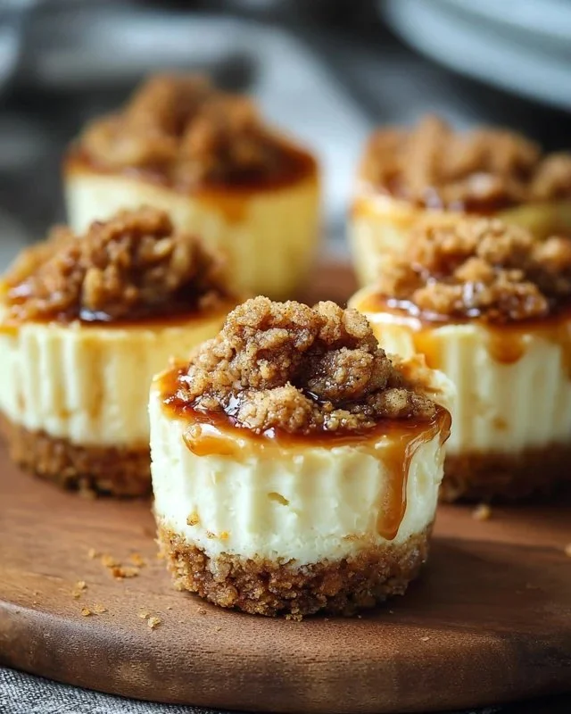 Delicious Apple Crisp Mini Cheesecakes topped with apples and crumble