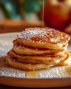 Fluffy Apple Yogurt Pancakes stacked on a plate with syrup and fresh apples