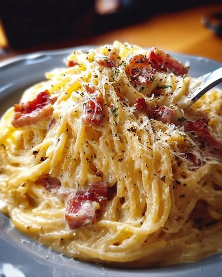 A plate of authentic carbonara topped with parmesan and black pepper.