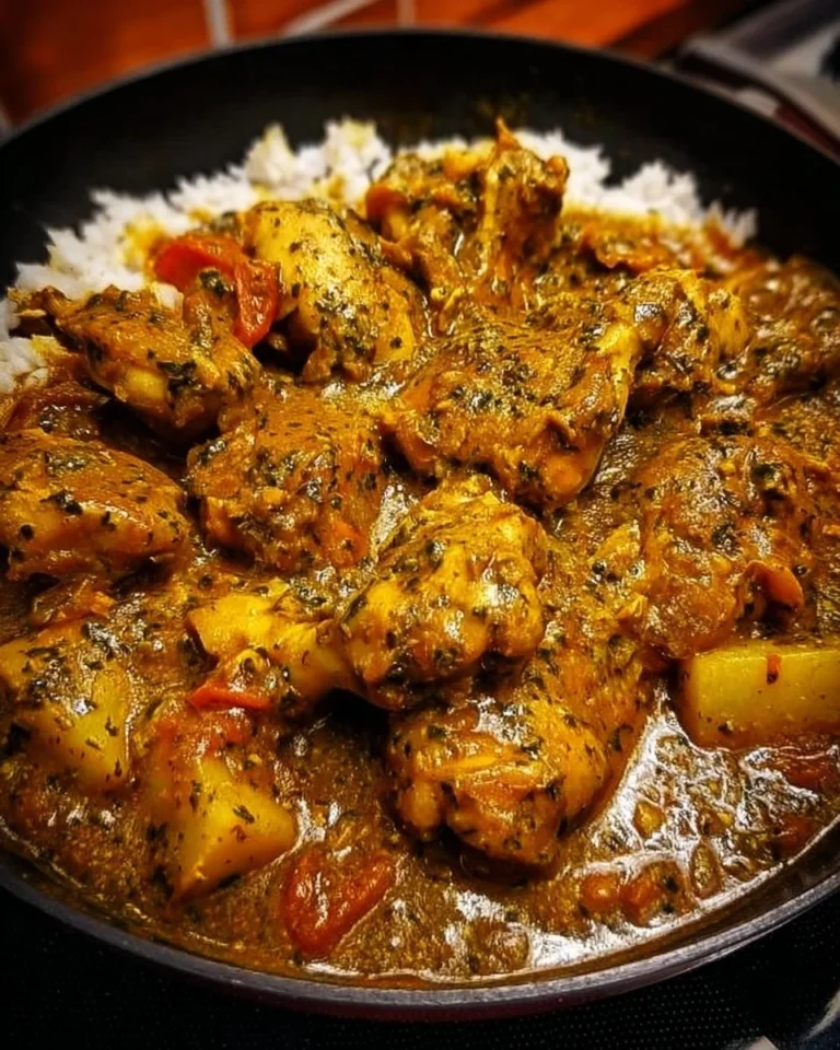 Plate of authentic Jamaican Curry Chicken garnished with herbs
