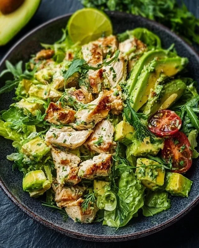 Bowl of fresh avocado chicken salad with colorful vegetables and herbs