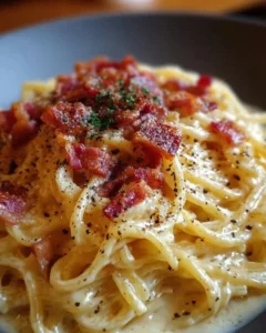 Delicious bowl of Bacon Carbonara pasta topped with crispy bacon and parmesan