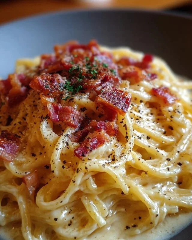 Delicious bowl of Bacon Carbonara pasta topped with crispy bacon and parmesan