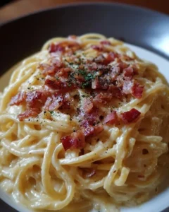Deliciously creamy Bacon Carbonara Pasta bowl garnished with parsley