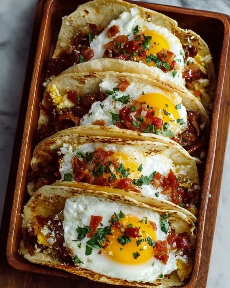 Delicious baked breakfast tacos topped with eggs and cheese on a plate