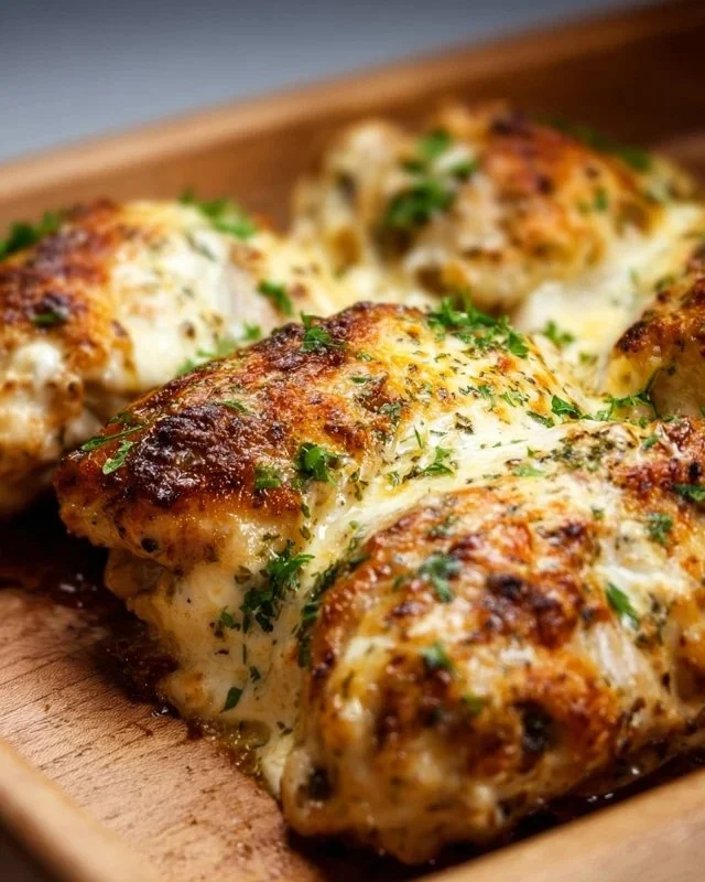 Baked Cream Cheese Chicken served with herbs and vegetables on a plate