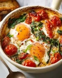 Baked feta eggs with tomatoes and spinach in a cozy dish