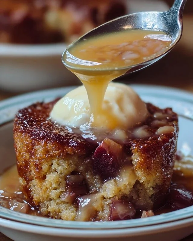 Baked Sticky Rhubarb Pudding dessert served with cream