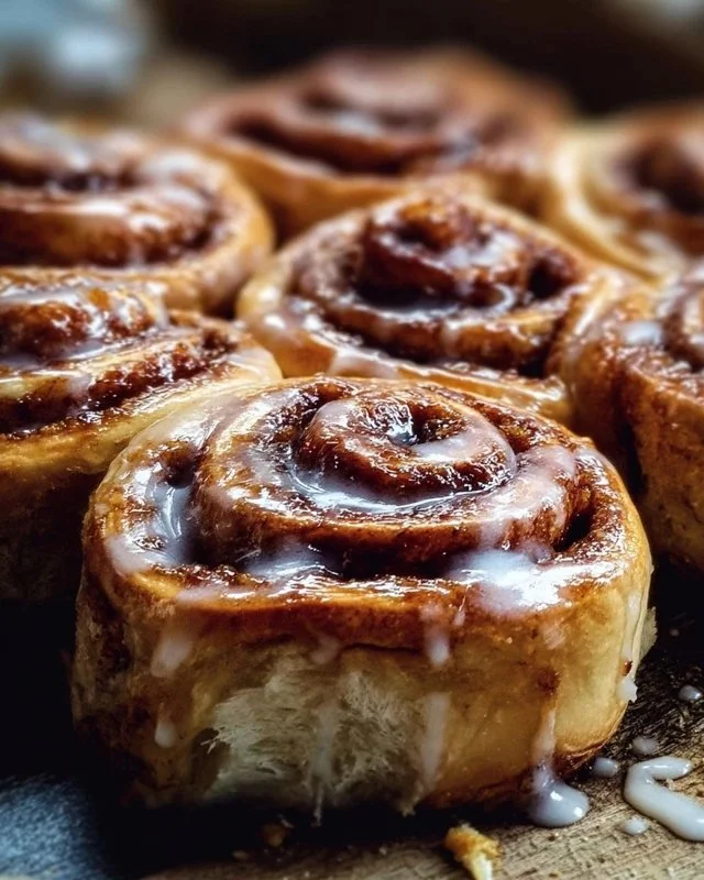 Freshly baked banana cinnamon rolls topped with icing and banana slices.