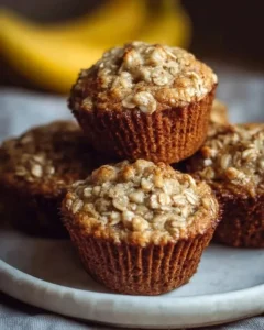 Freshly baked banana oatmeal muffins on a rustic wooden table.