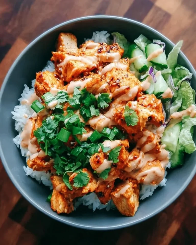 Delicious Bang Bang Chicken Bowl topped with fresh vegetables and sauce