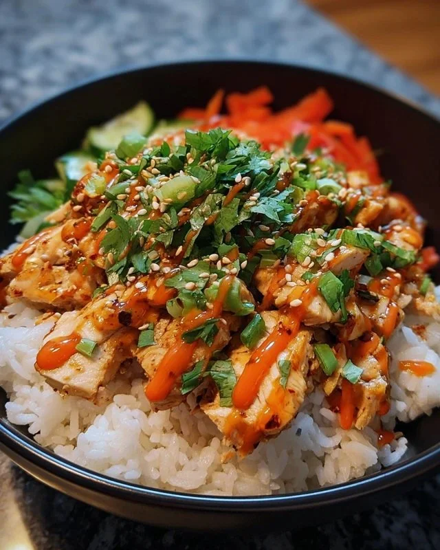 Bang Bang Chicken Bowl garnished with fresh herbs and spices.