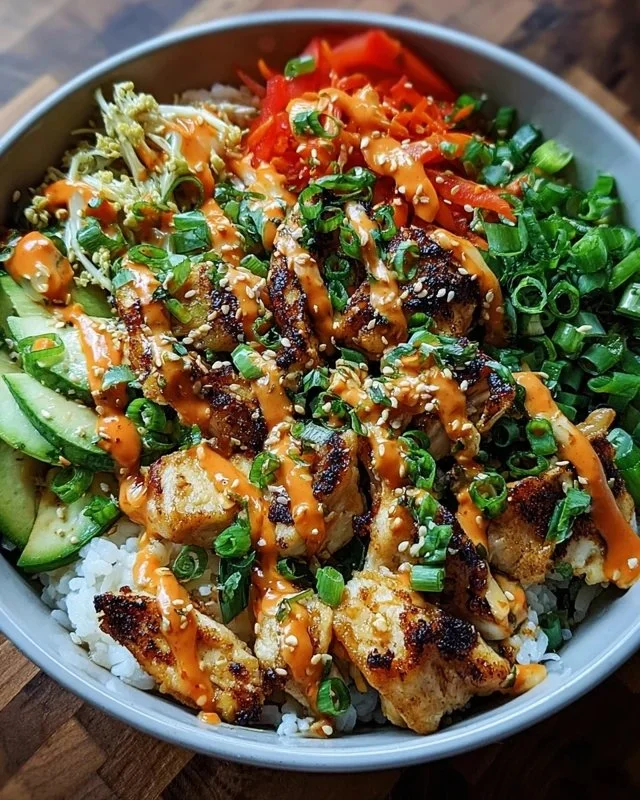 Bang Bang Chicken Bowl topped with colorful vegetables and spicy sauce
