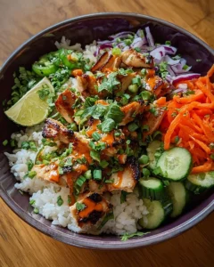 Bang Bang Chicken Bowl topped with colorful vegetables and spicy sauce