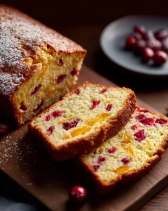 Slice of delicious cranberry orange bread on a wooden board