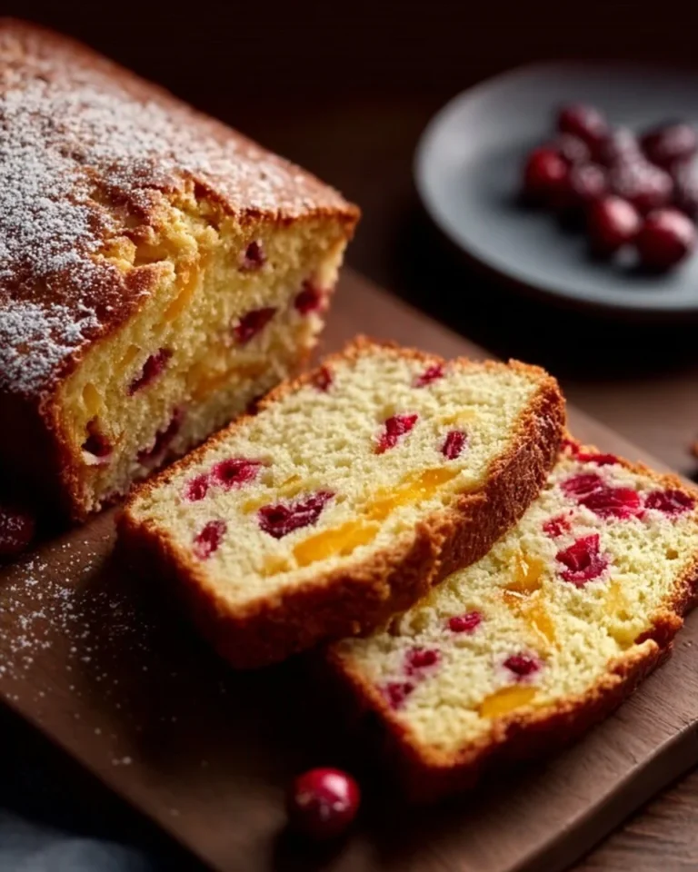 Slice of delicious cranberry orange bread on a wooden board