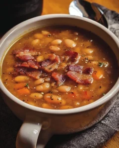 Bowl of homemade Bean with Bacon Soup served with crusty bread