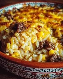 Delicious Beef Rice Casserole in a baking dish, garnished and ready to serve.