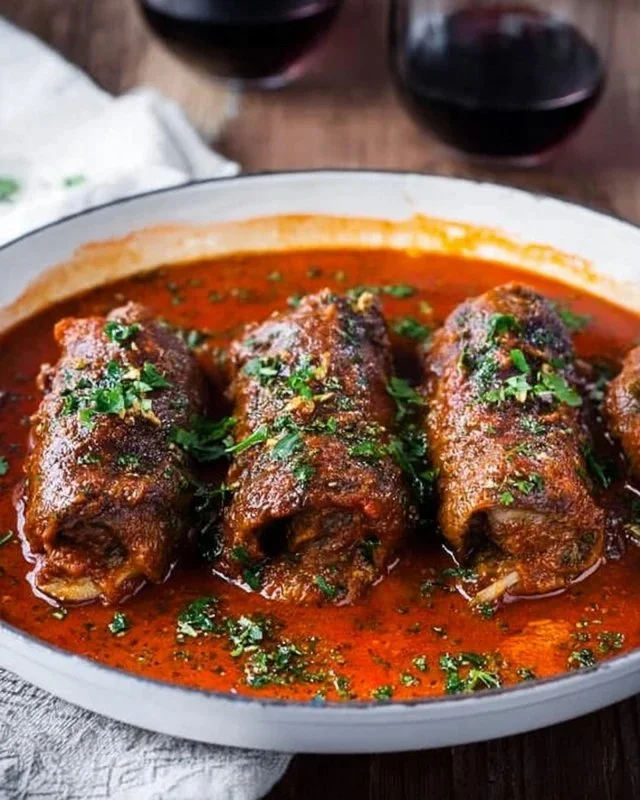 Delicious plate of Beef Braciole, an Italian rolled beef dish with herbs and spices.