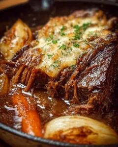 Tender beef roast cooked in a pot with herbs and vegetables