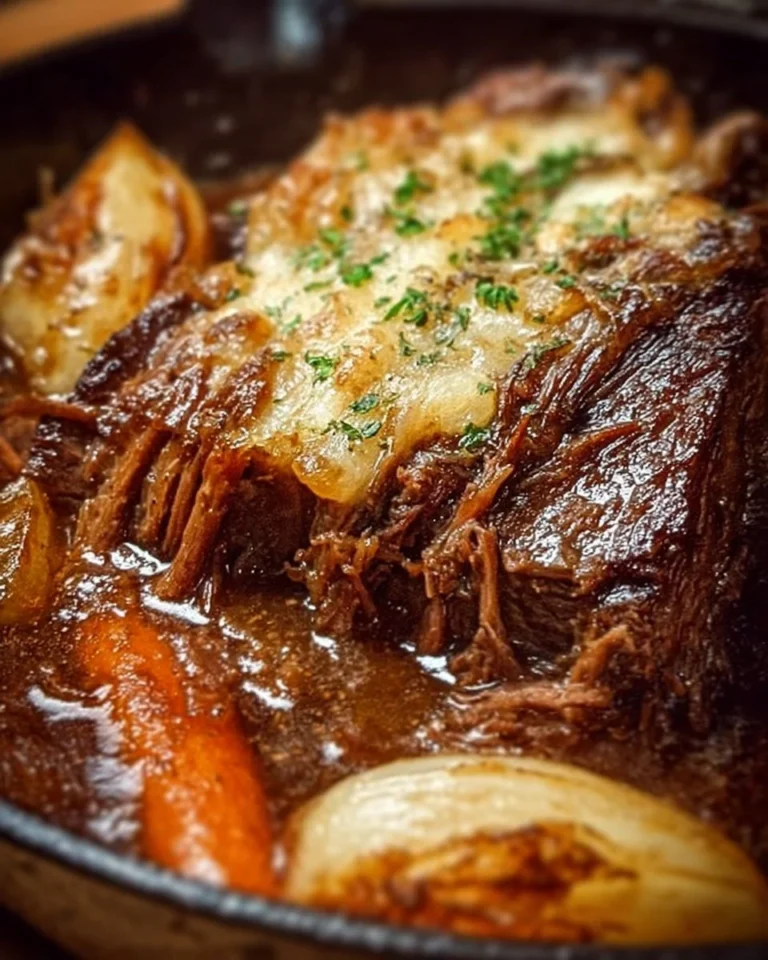 Tender beef roast cooked in a pot with herbs and vegetables