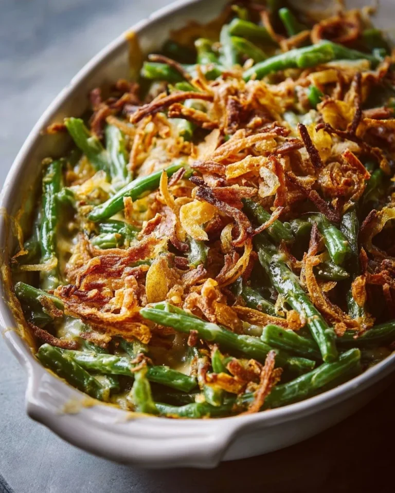 Best-ever green bean casserole with creamy sauce and crispy toppings