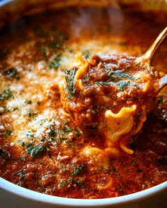 Delicious one-pot lasagna soup in a bowl topped with cheese and herbs.