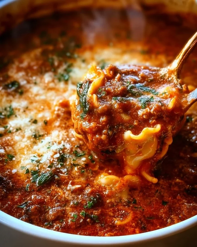 Delicious one-pot lasagna soup in a bowl topped with cheese and herbs.