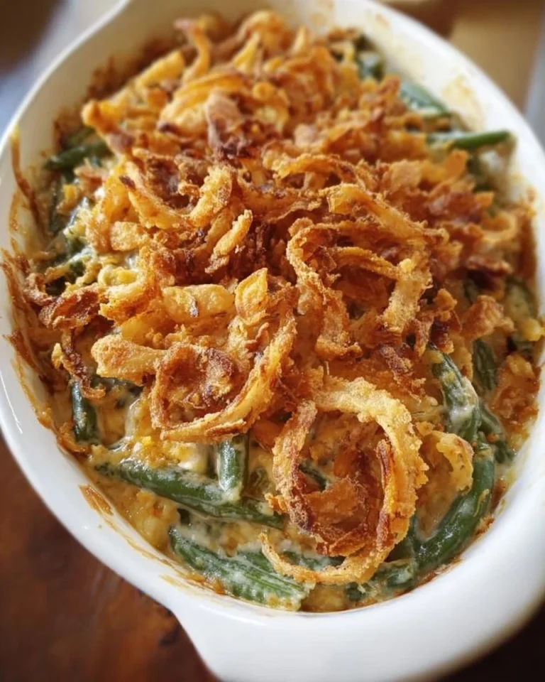 Delicious green bean casserole topped with crispy fried onions