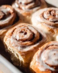 Delicious homemade cinnamon rolls topped with creamy icing on a rustic table