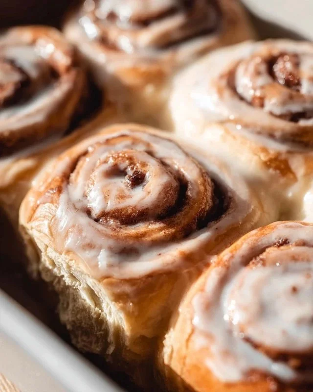 Delicious homemade cinnamon rolls topped with creamy icing on a rustic table