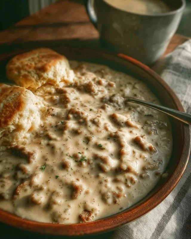 Delicious homemade biscuits and gravy served on a plate