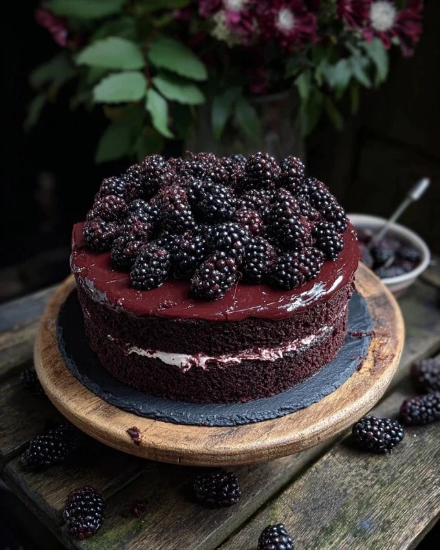 Blackberry Velvet Gothic Cake, a dark and luxurious dessert with berry layers