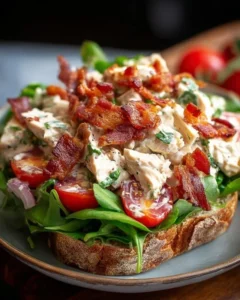 A vibrant BLT chicken salad with bacon, lettuce, tomatoes, and grilled chicken in a bowl.