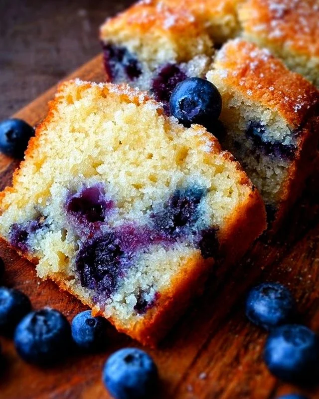 Blueberry Breakfast Cake topped with fresh blueberries and a dusting of powdered sugar.
