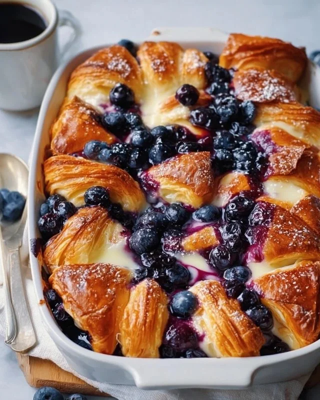 Delicious blueberry cream cheese croissant casserole fresh out of the oven