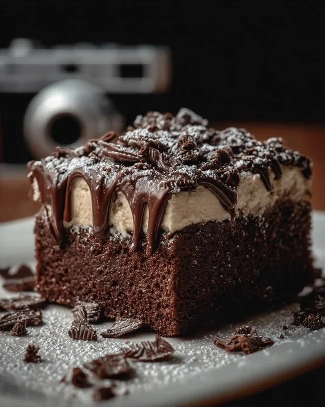 Delicious Brownie Refrigerator Cake topped with chocolate and whipped cream
