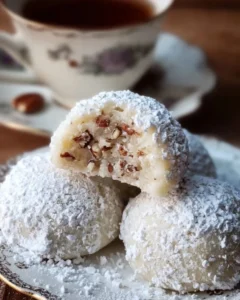 Deliciously buttery Pecan Snowball Cookies on a festive plate