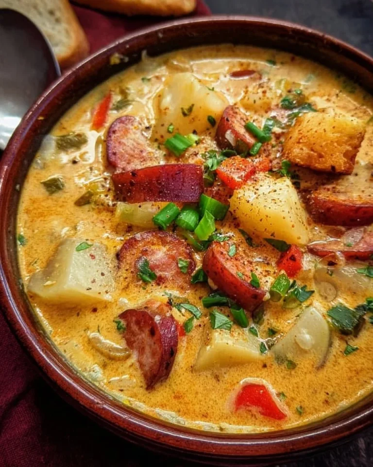 Bowl of Cajun Potato Soup topped with crispy bacon and green onions