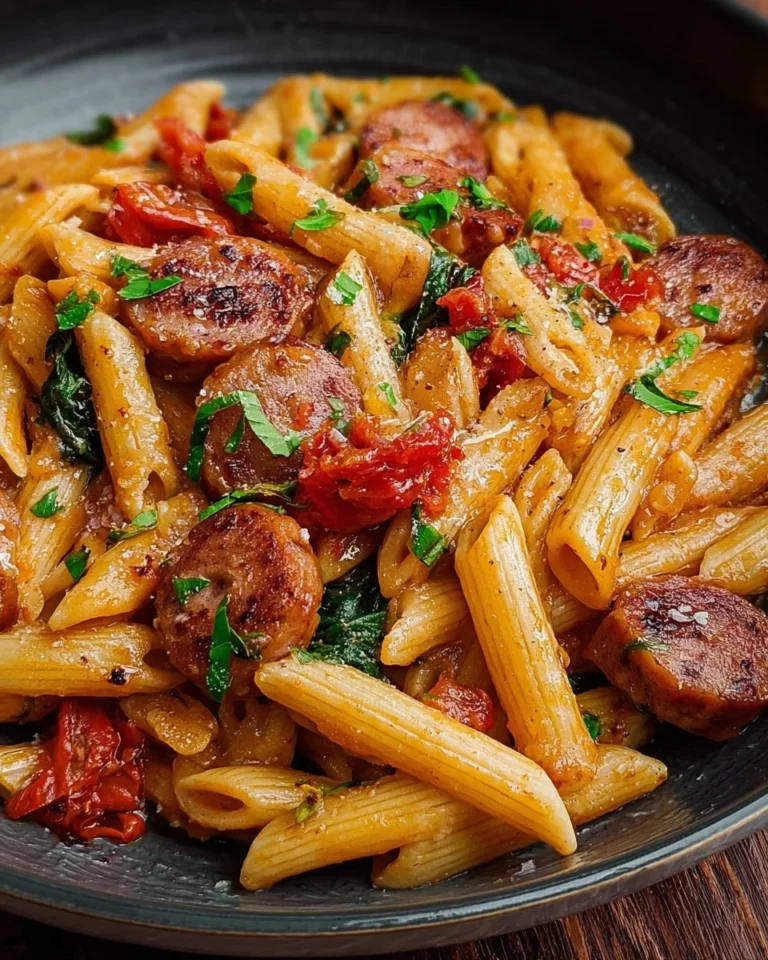 Delicious Cajun Sausage Pasta garnished with herbs and spices