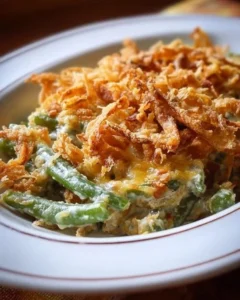 Delicious Campbell's Green Bean Casserole served in a baking dish.