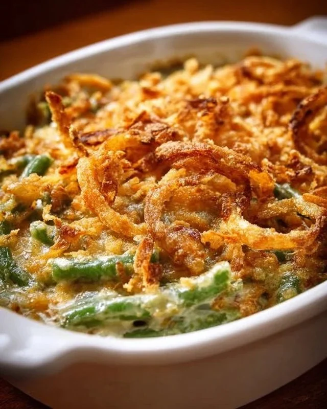 Delicious Campbell's Green Bean Casserole topped with crispy onions.