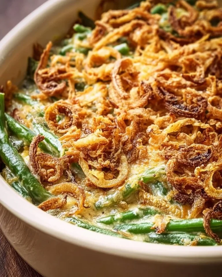 Delicious Campbell's Green Bean Casserole served in a dish