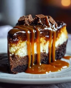 Delicious caramel brownie cheesecake with a creamy topping and rich chocolate base.