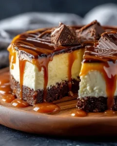 Delectable caramel brownie cheesecake topped with chocolate and caramel drizzles