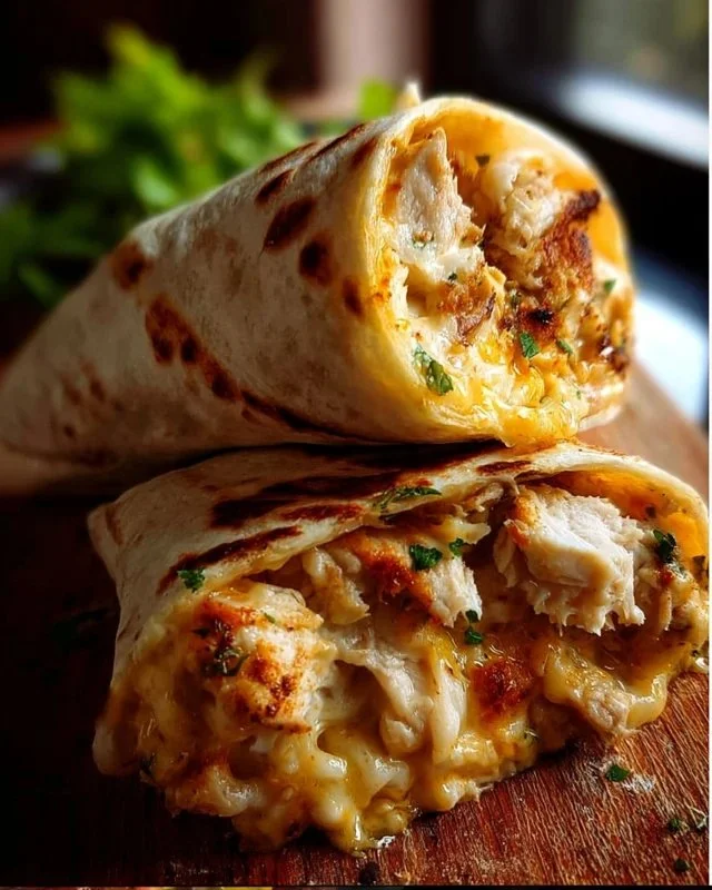 Cheesy chicken garlic wrap with fresh ingredients and melted cheese.