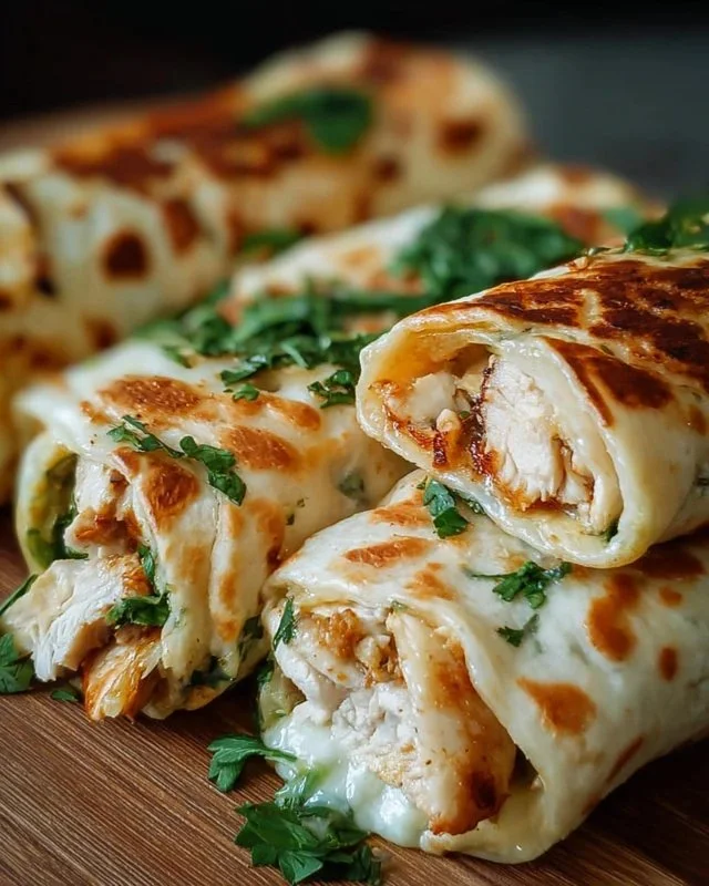 Cheesy chicken garlic wraps served on a plate with fresh ingredients.