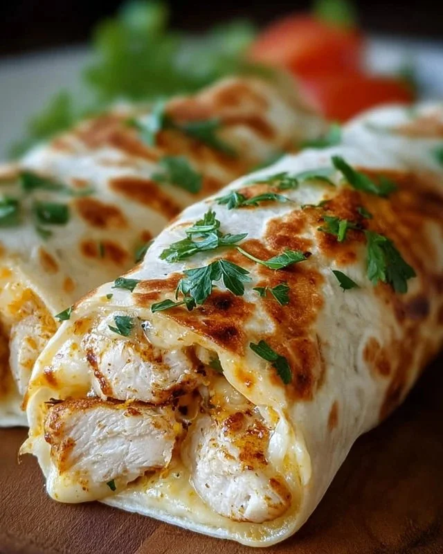 Cheesy chicken garlic wraps served on a plate